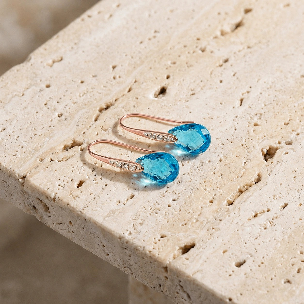 Rose Gold Aura Drop Earrings Blue Topaz 10K — Domenica
