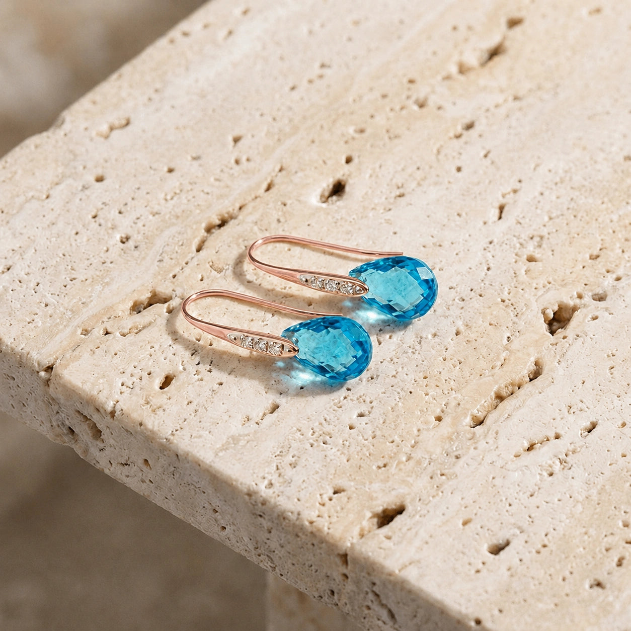 Rose Gold Aura Drop Earrings Blue Topaz 10K — Domenica