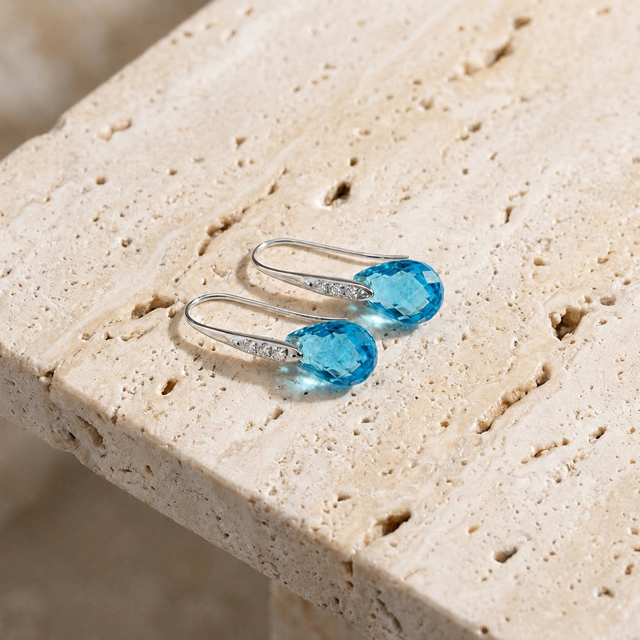 White Gold Aura Drop Earrings Blue Topaz 10K — Domenica