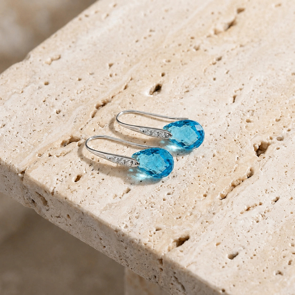 White Gold Aura Drop Earrings Blue Topaz 10K — Domenica