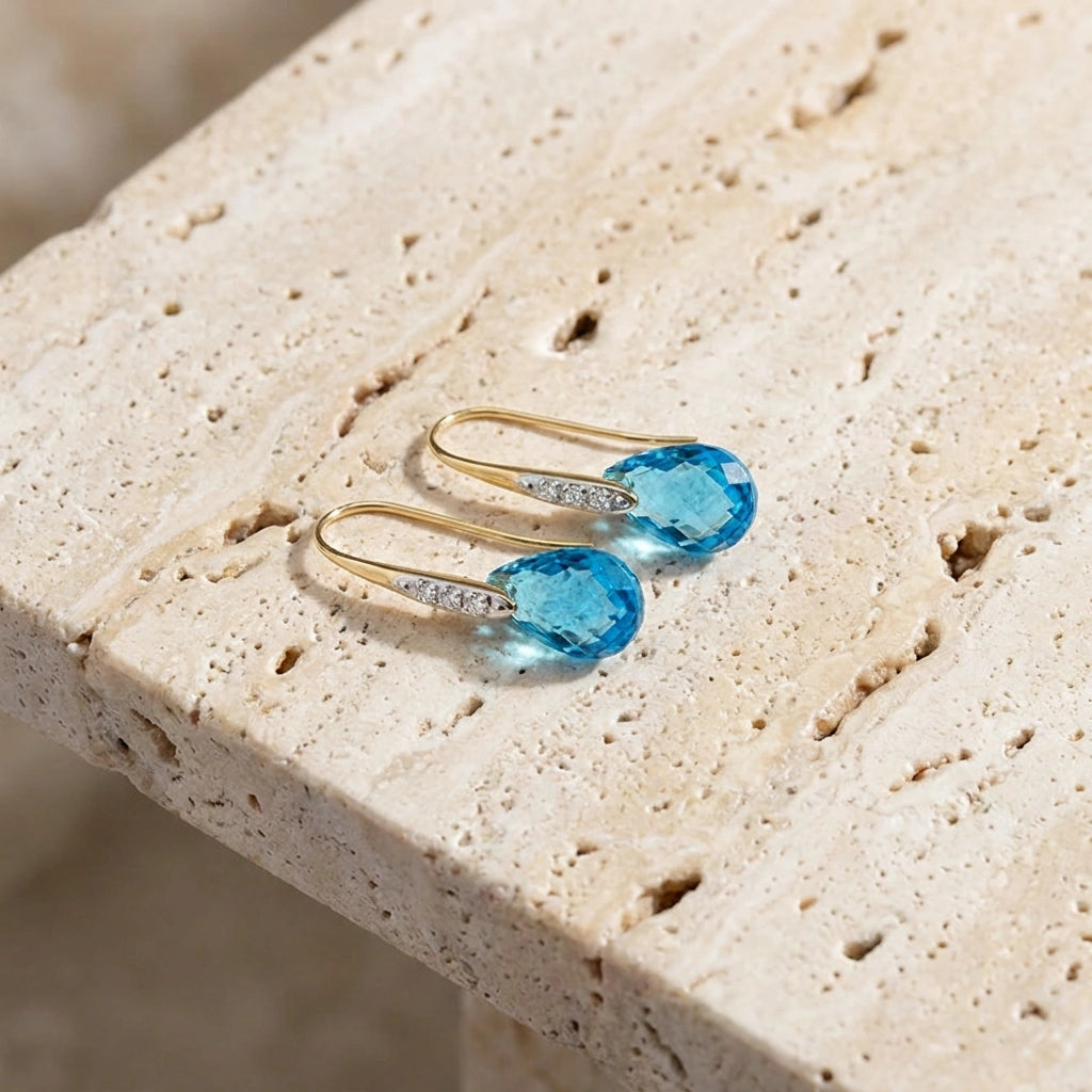 Yellow Gold Aura Drop Earrings Blue Topaz 10K — Domenica