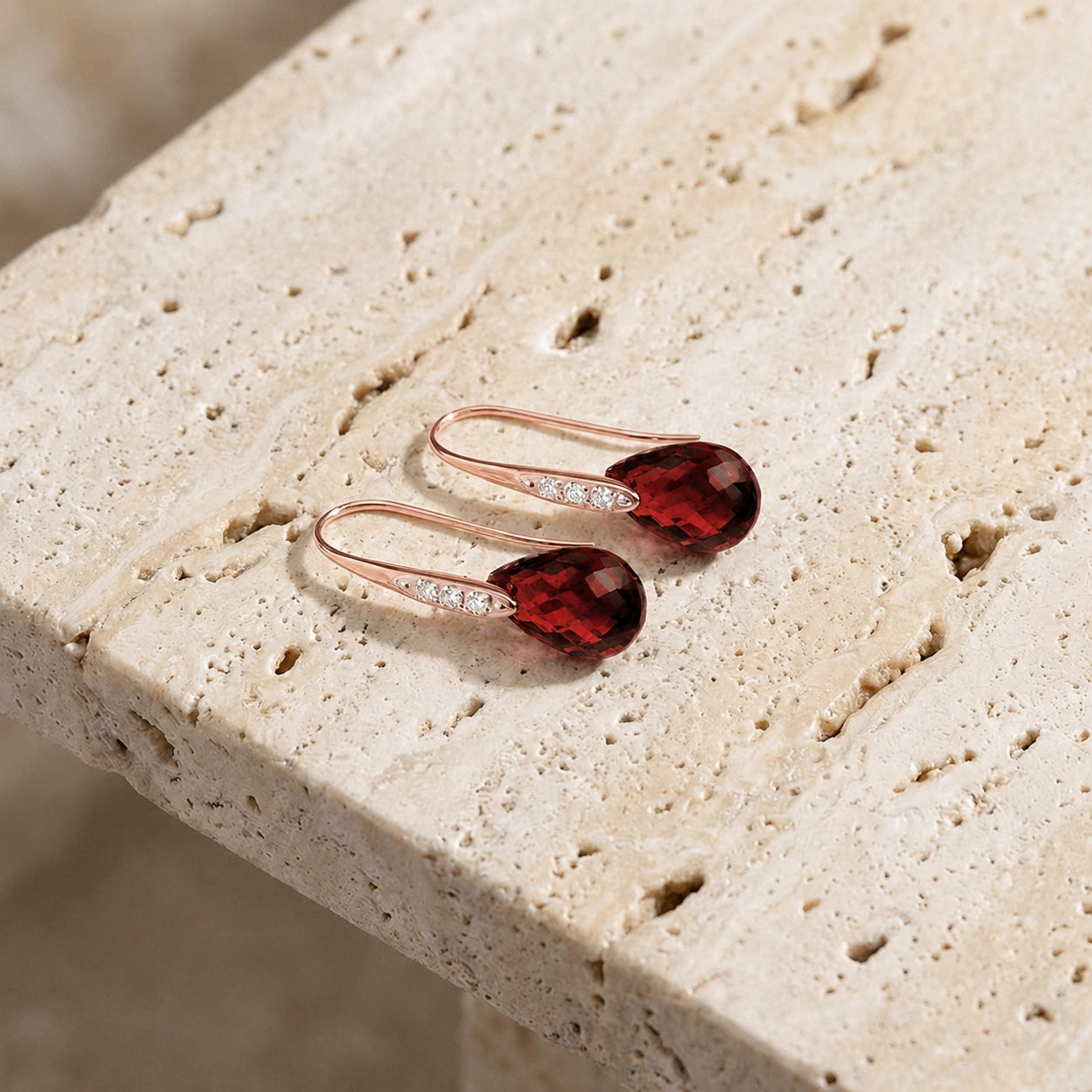 Rose Gold Aura Drop Earrings Garnet 10K — Domenica