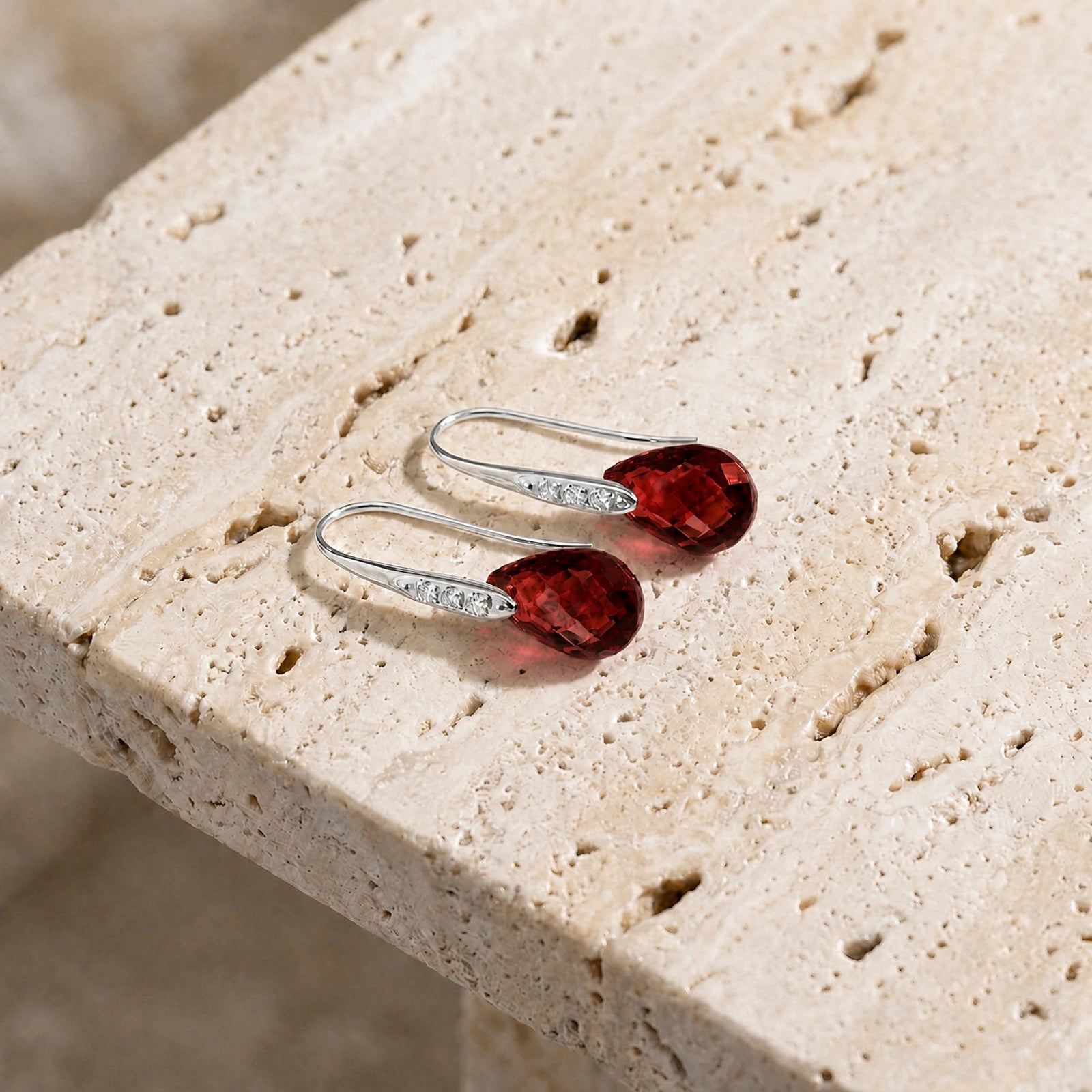 White Gold Aura Drop Earrings Garnet 10K — Domenica