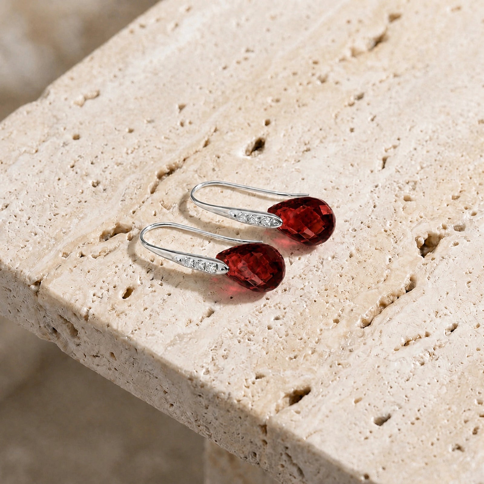 White Gold Aura Drop Earrings Garnet 10K — Domenica