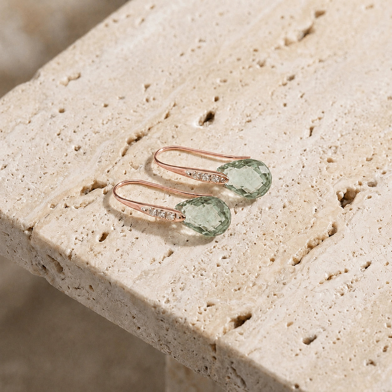 Rose Gold Aura Drop Earrings Green Amethyst 10K — Domenica