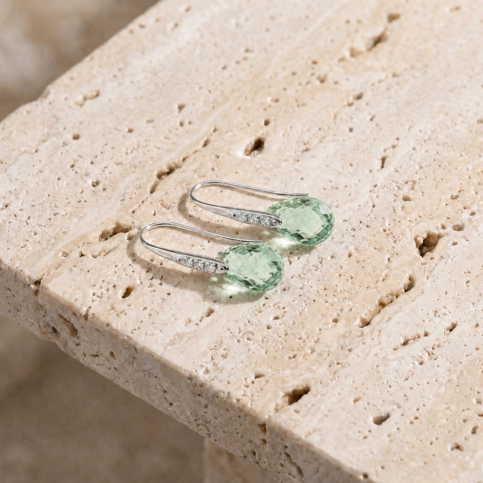 White Gold Aura Drop Earrings Green Amethyst 10K — Domenica
