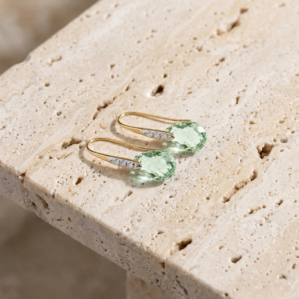 Yellow Gold Aura Drop Earrings Green Amethyst 10K — Domenica