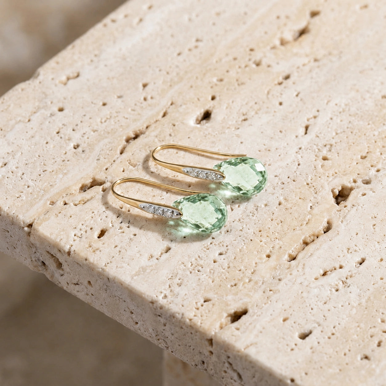 Yellow Gold Aura Drop Earrings Green Amethyst 10K — Domenica
