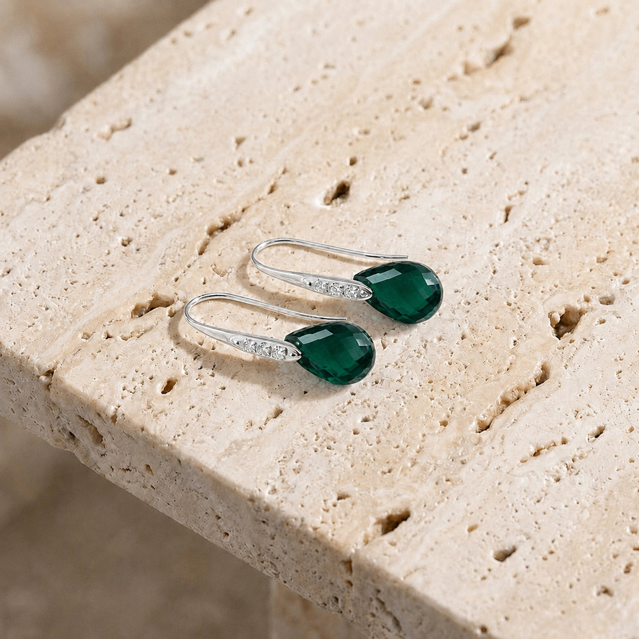 White Gold Aura Drop Earrings Green Sapphire 10K — Domenica