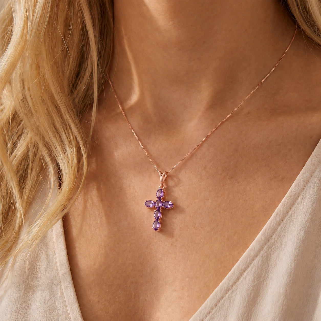 Rose Gold Cross Necklace Amethyst 10K — Eleonora