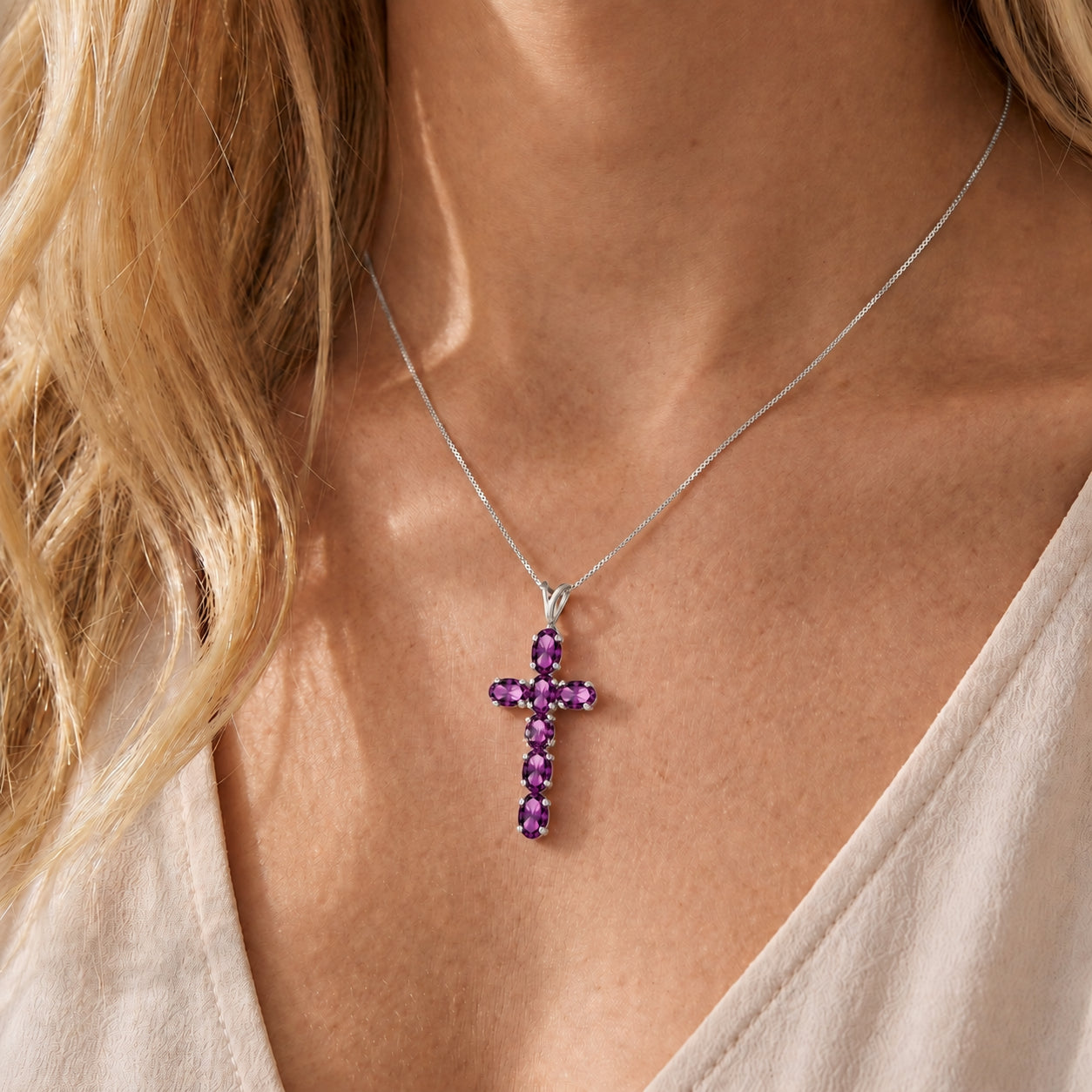White Gold Cross Necklace Amethyst 10K — Eleonora