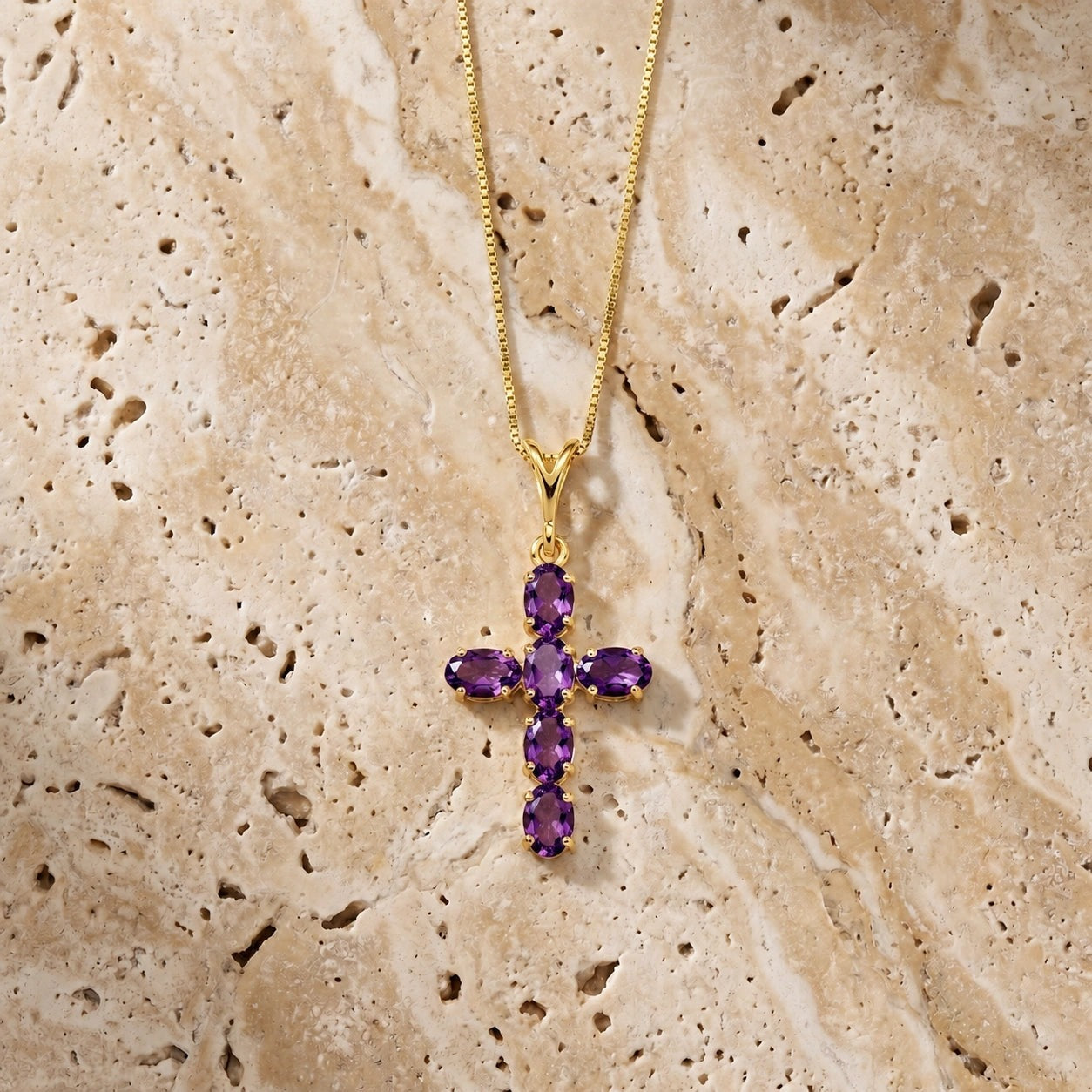 Yellow Gold Cross Necklace Amethyst 10K — Eleonora