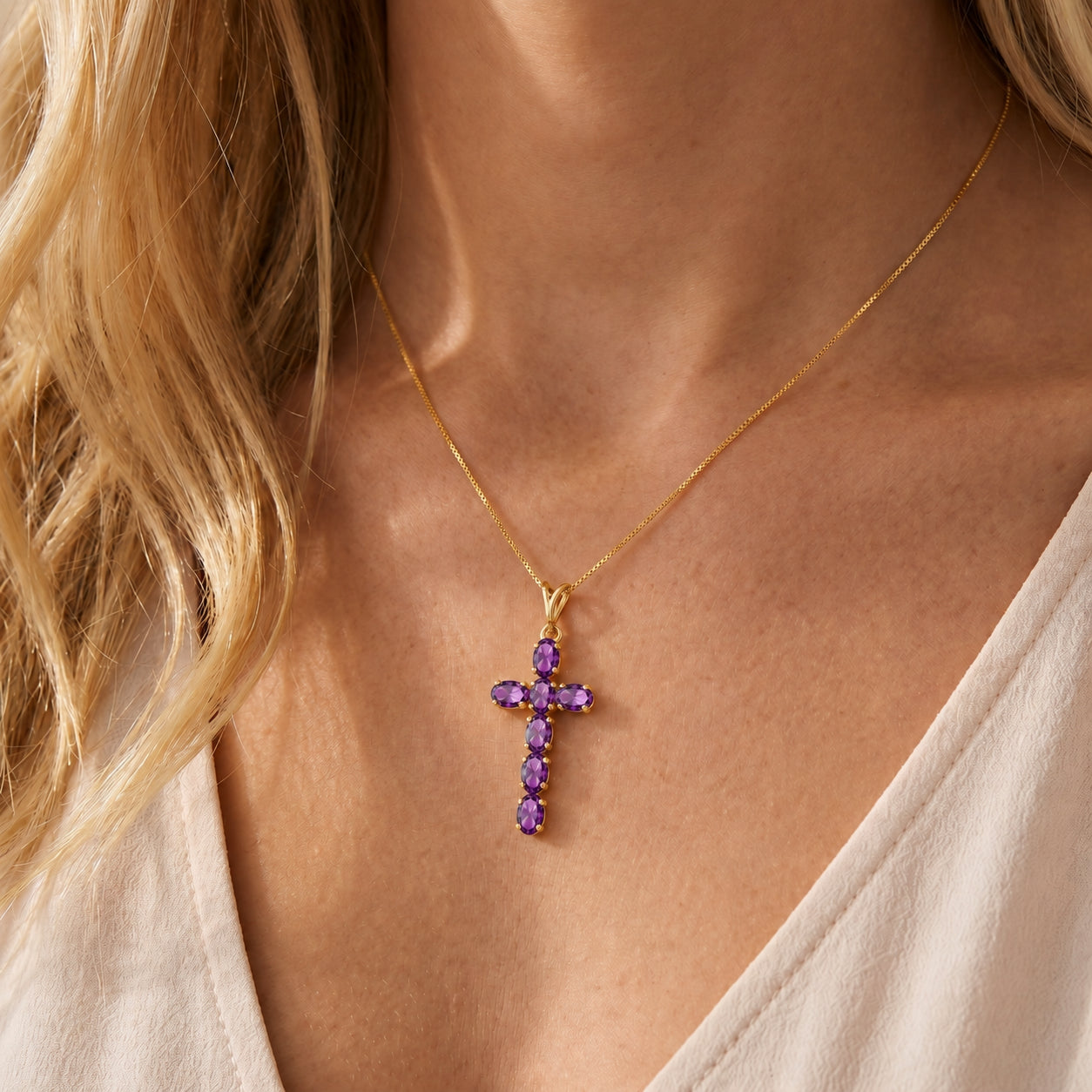 Yellow Gold Cross Necklace Amethyst 10K — Eleonora