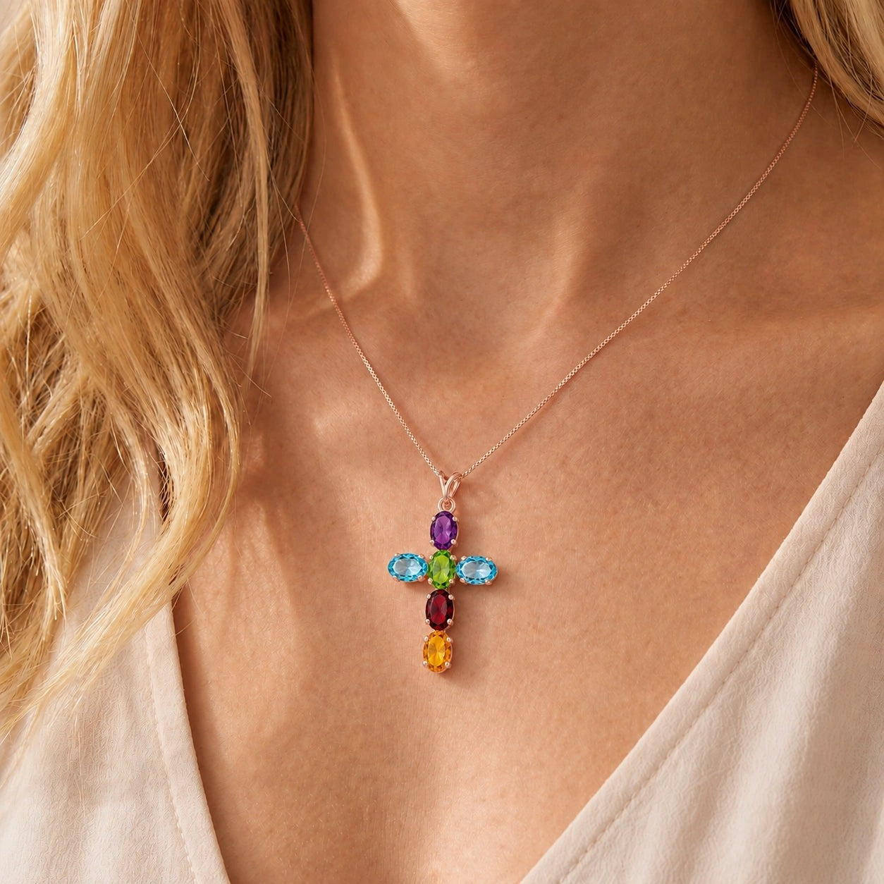 Rose Gold Cross Necklace Multi-Gemstone 10K — Eleonora