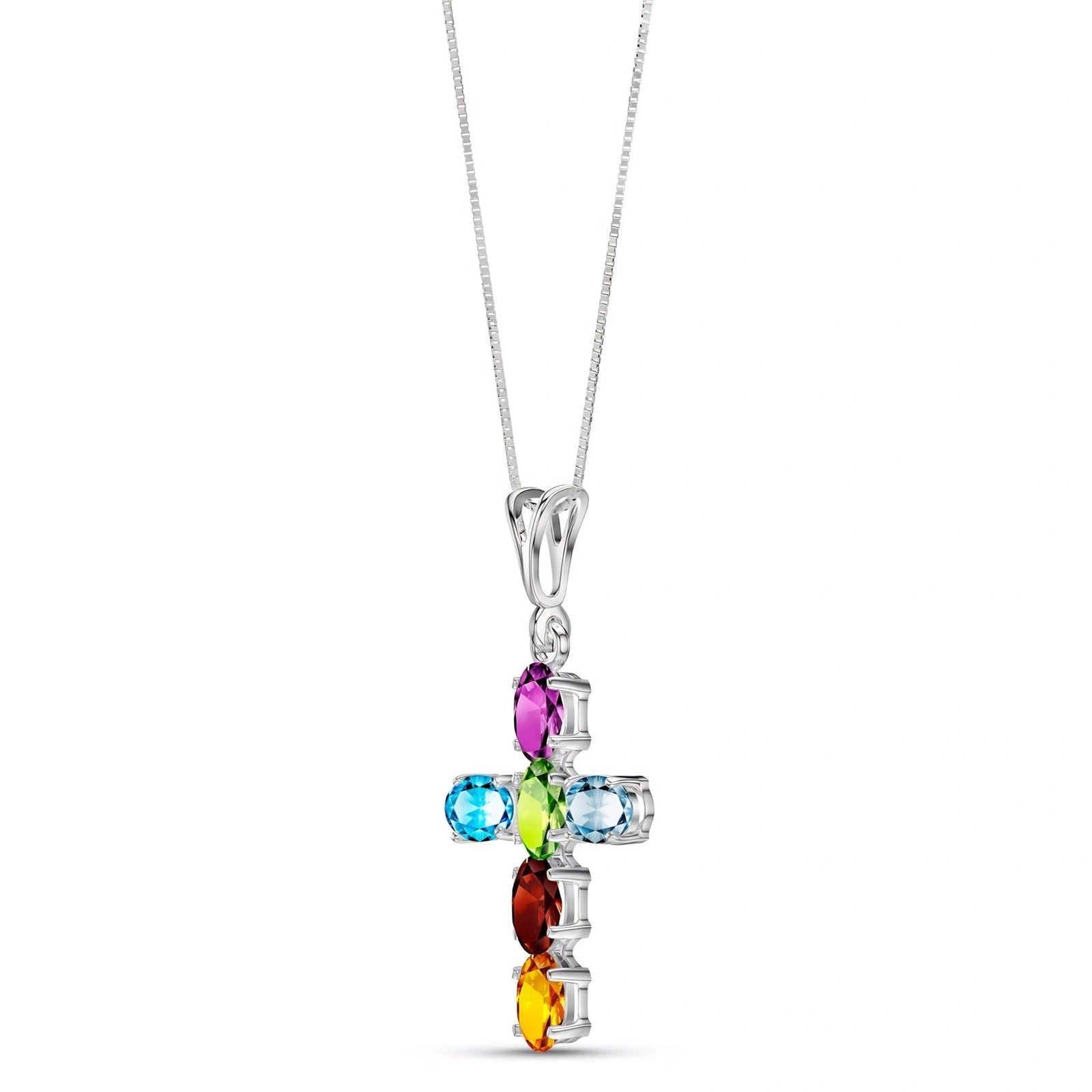 White Gold Cross Necklace Multi-Gemstone 10K — Eleonora