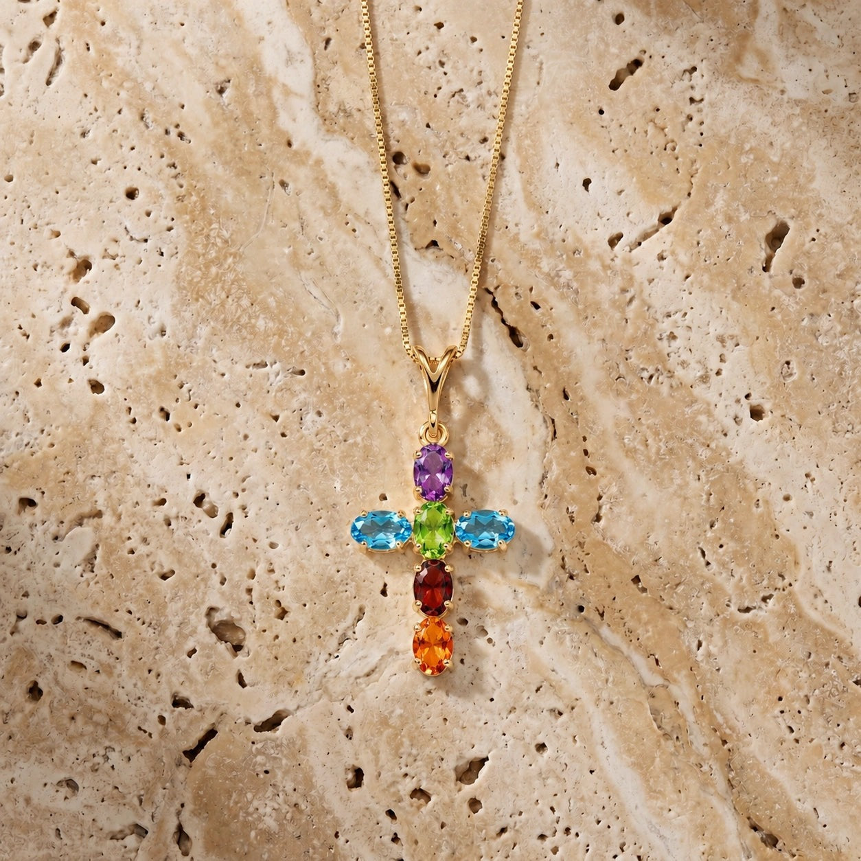 Yellow Gold Cross Necklace Multi-Gemstone 10K — Eleonora