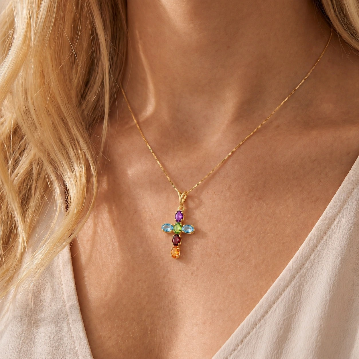 Yellow Gold Cross Necklace Multi-Gemstone 10K — Eleonora