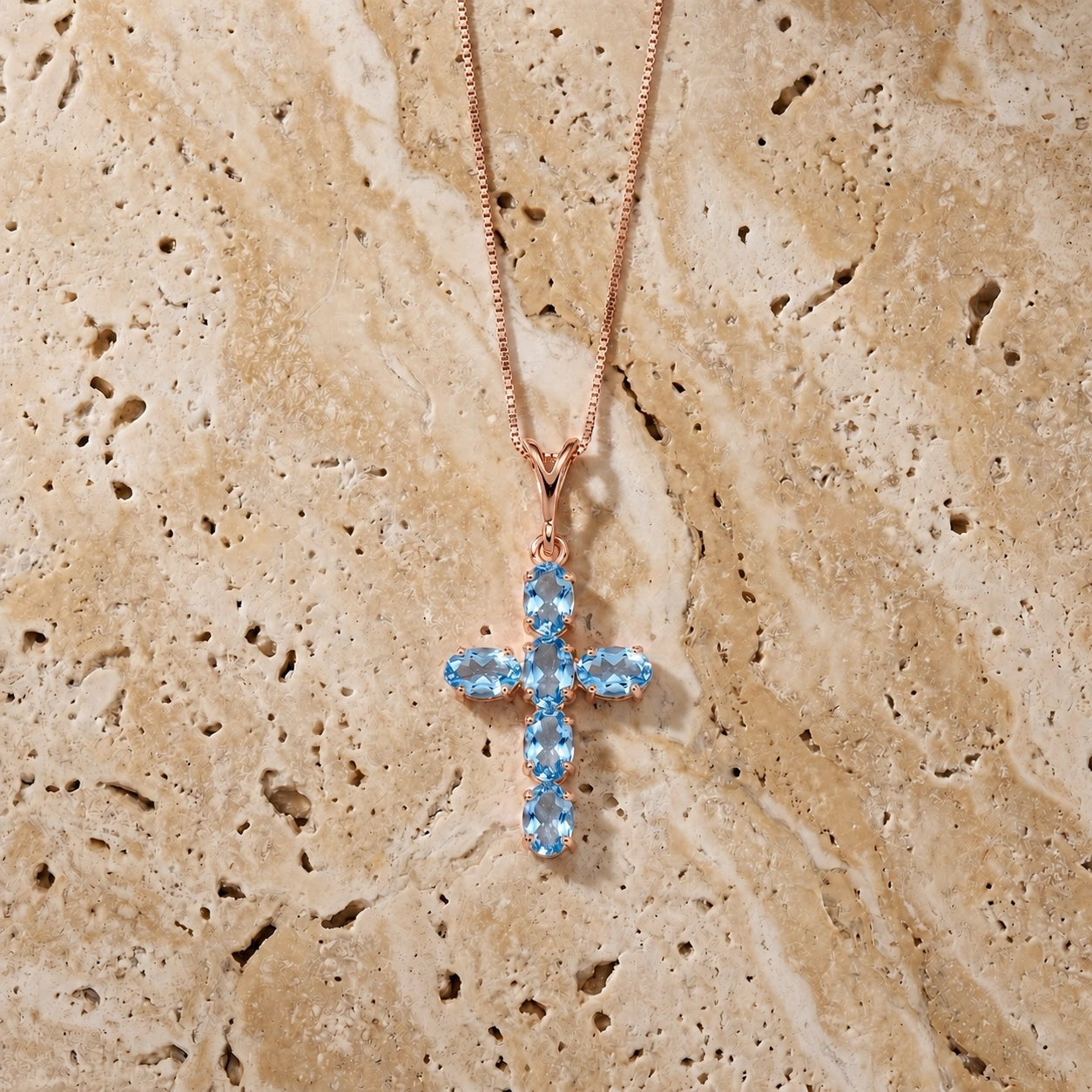 Rose Gold Cross Necklace Blue Topaz 10K — Eleonora