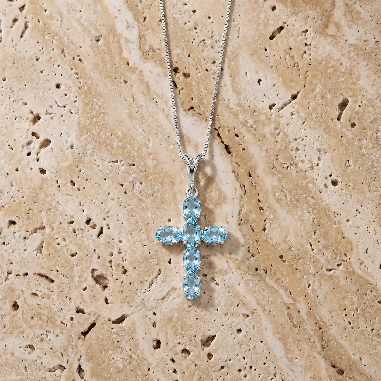 White Gold Cross Necklace Blue Topaz 10K — Eleonora