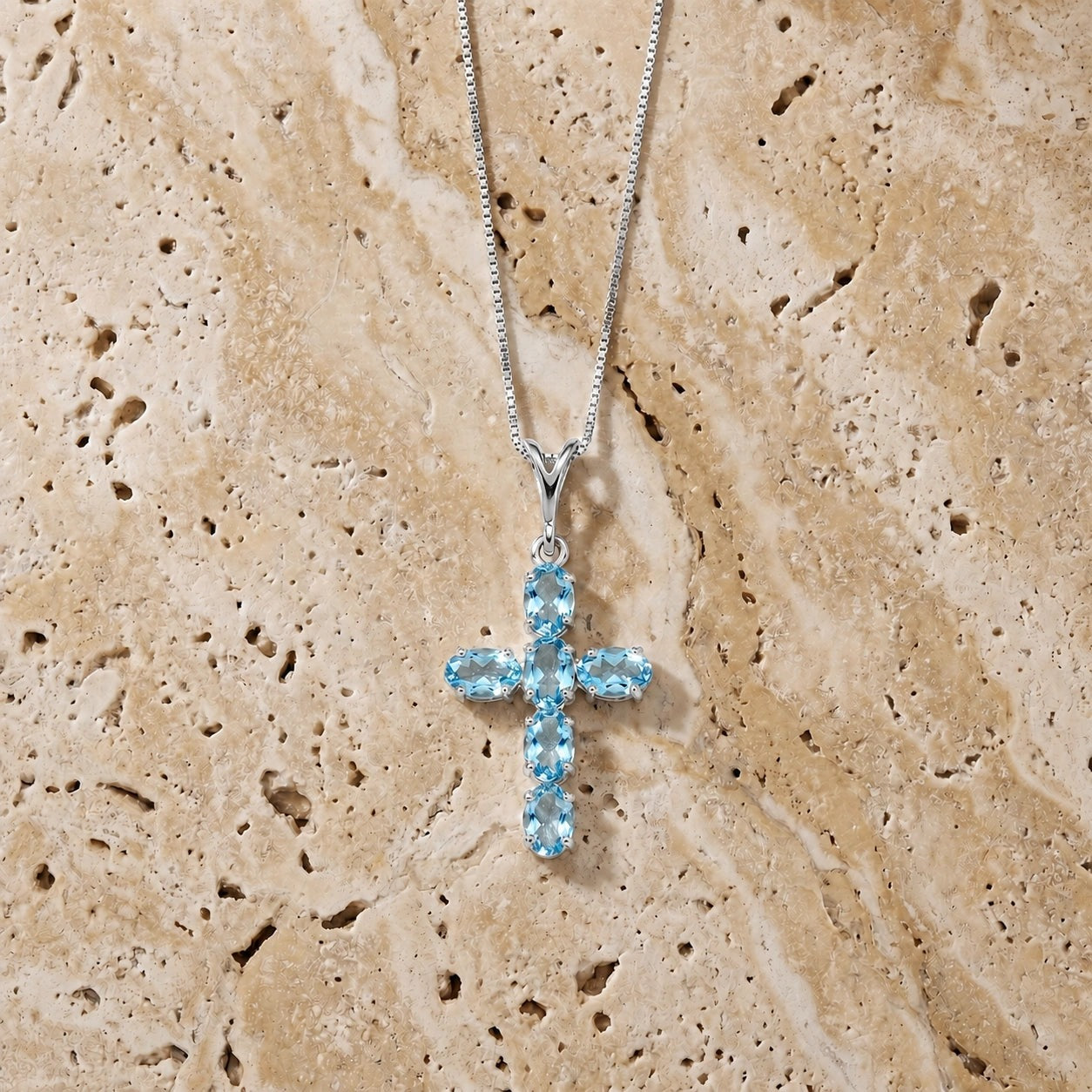 White Gold Cross Necklace Blue Topaz 10K — Eleonora