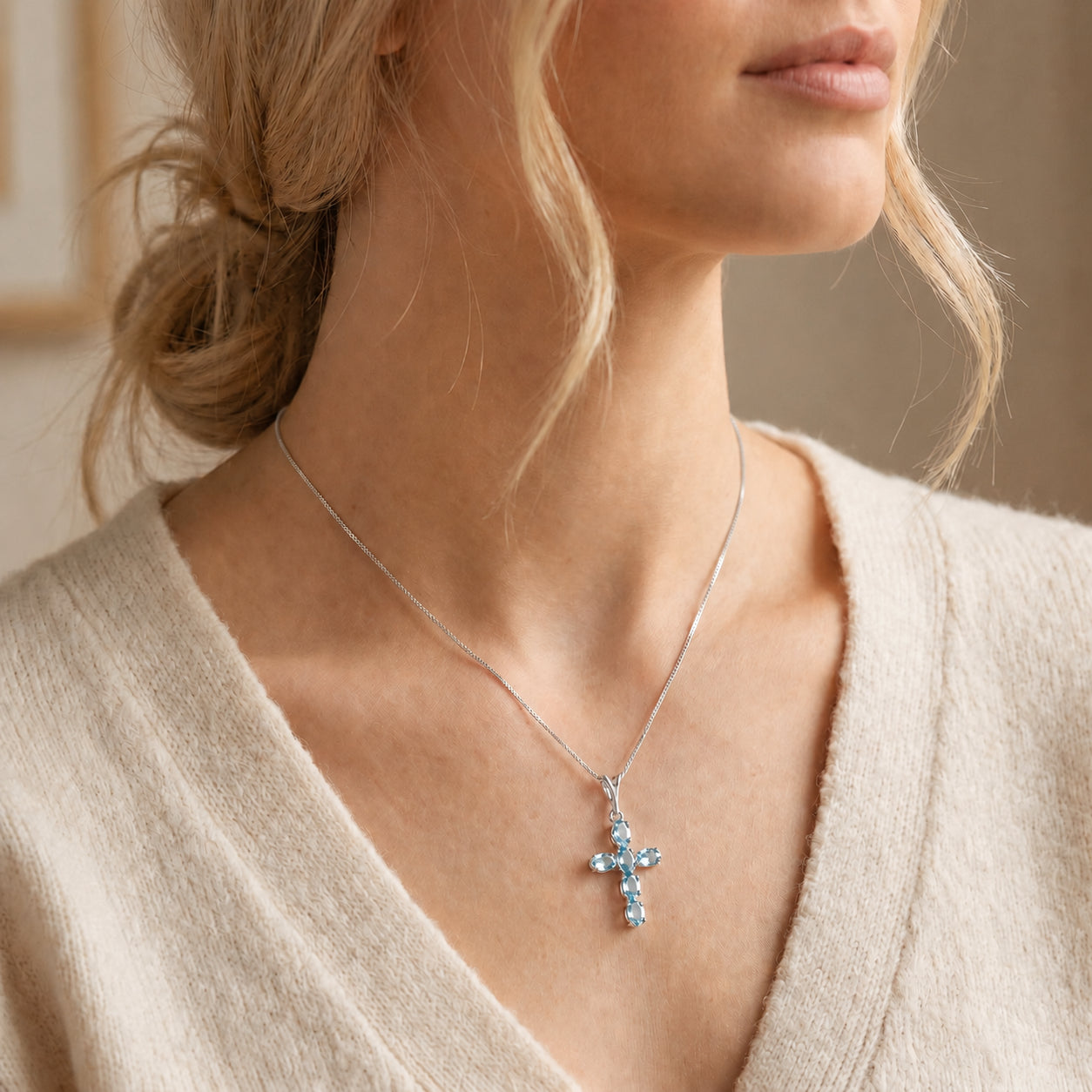 White Gold Cross Necklace Blue Topaz 10K — Eleonora