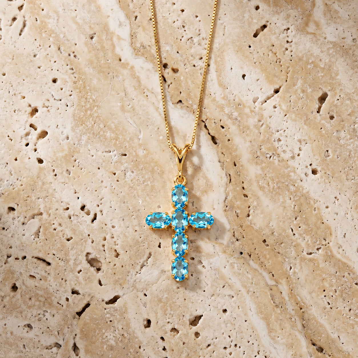 Yellow Gold Cross Necklace Blue Topaz 10K — Eleonora
