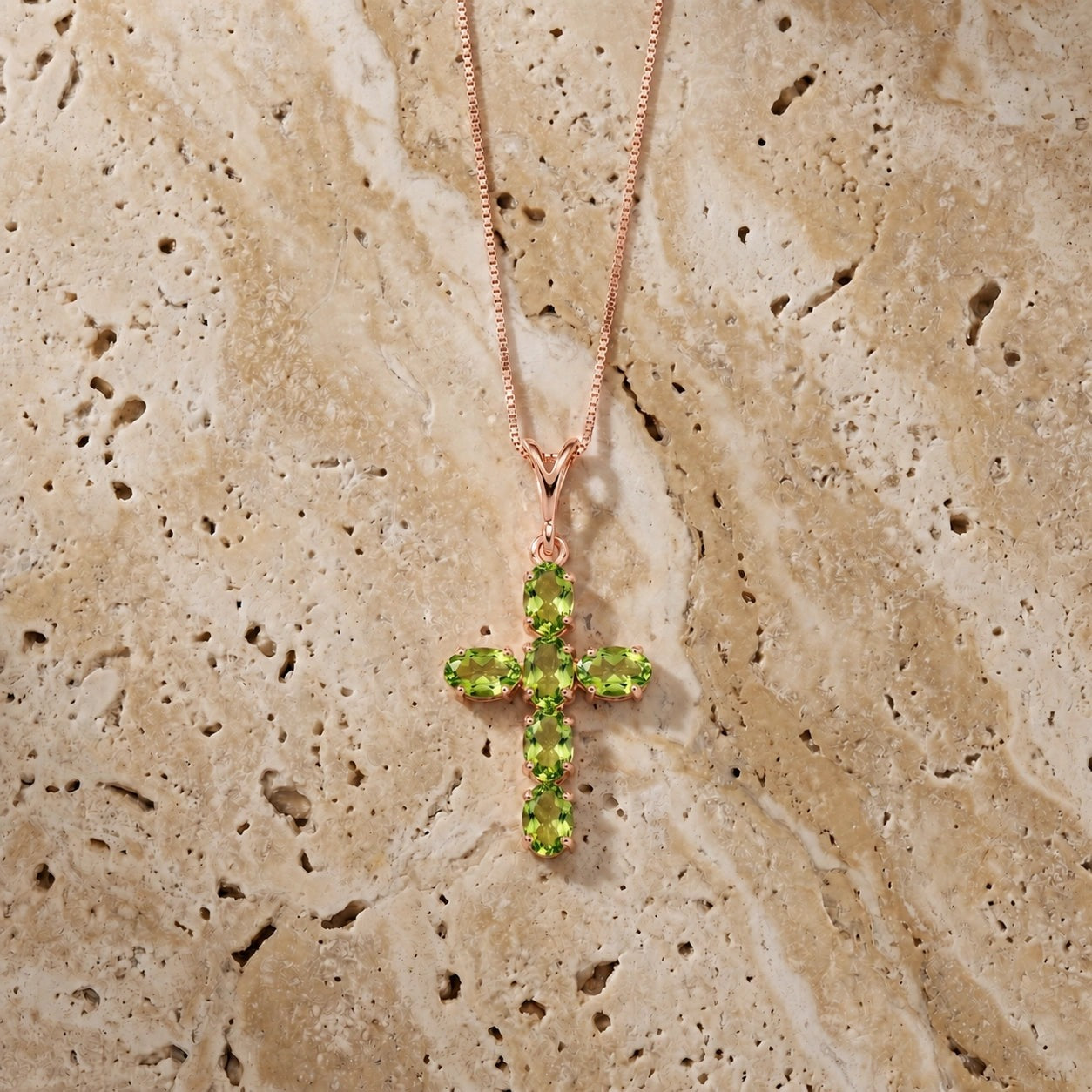 Rose Gold Cross Necklace Peridot 10K — Eleonora
