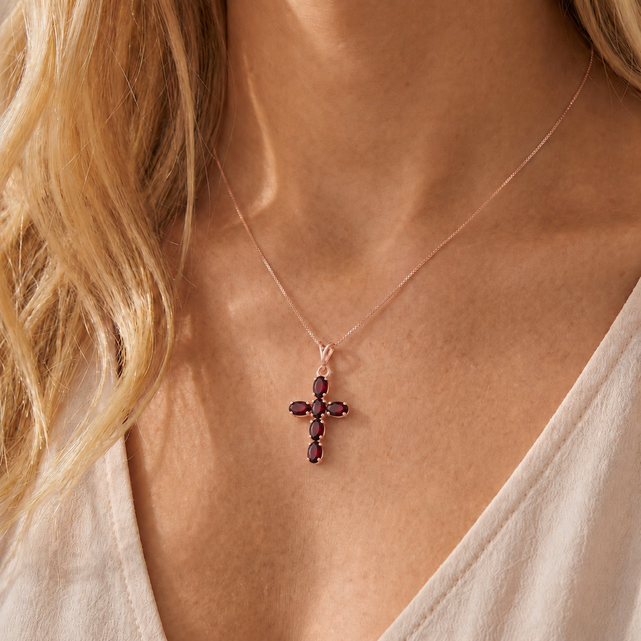 Rose Gold Cross Necklace Garnet 10K — Eleonora