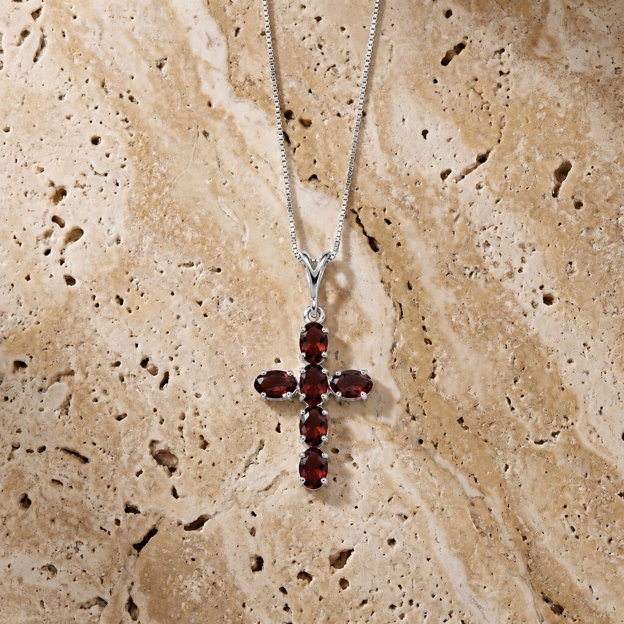 White Gold Cross Necklace Garnet 10K — Eleonora