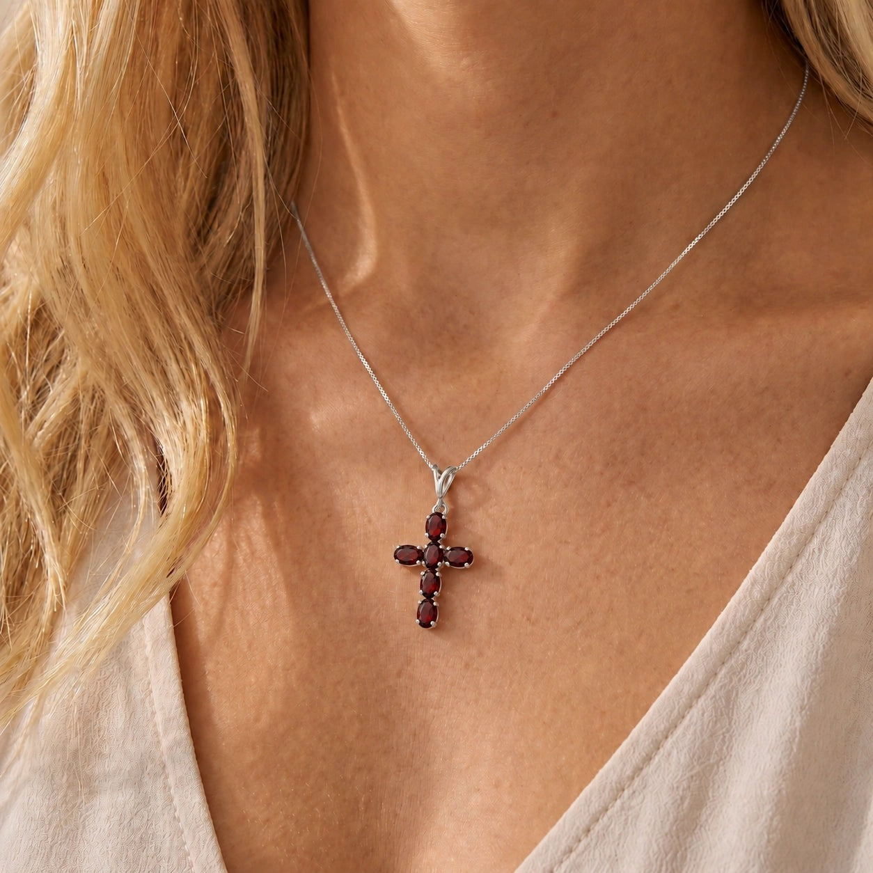 White Gold Cross Necklace Garnet 10K — Eleonora