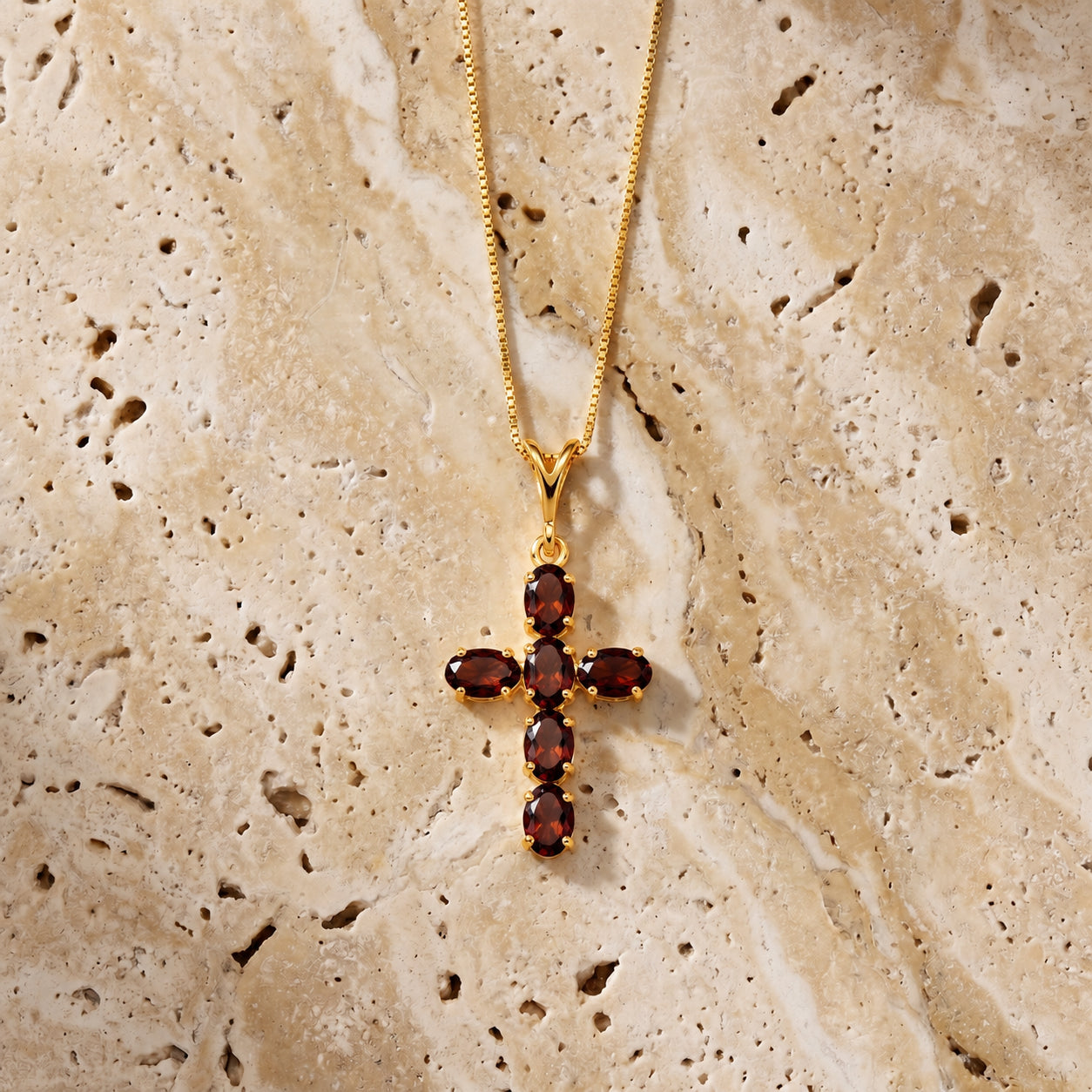 Yellow Gold Cross Necklace Garnet 10K — Eleonora