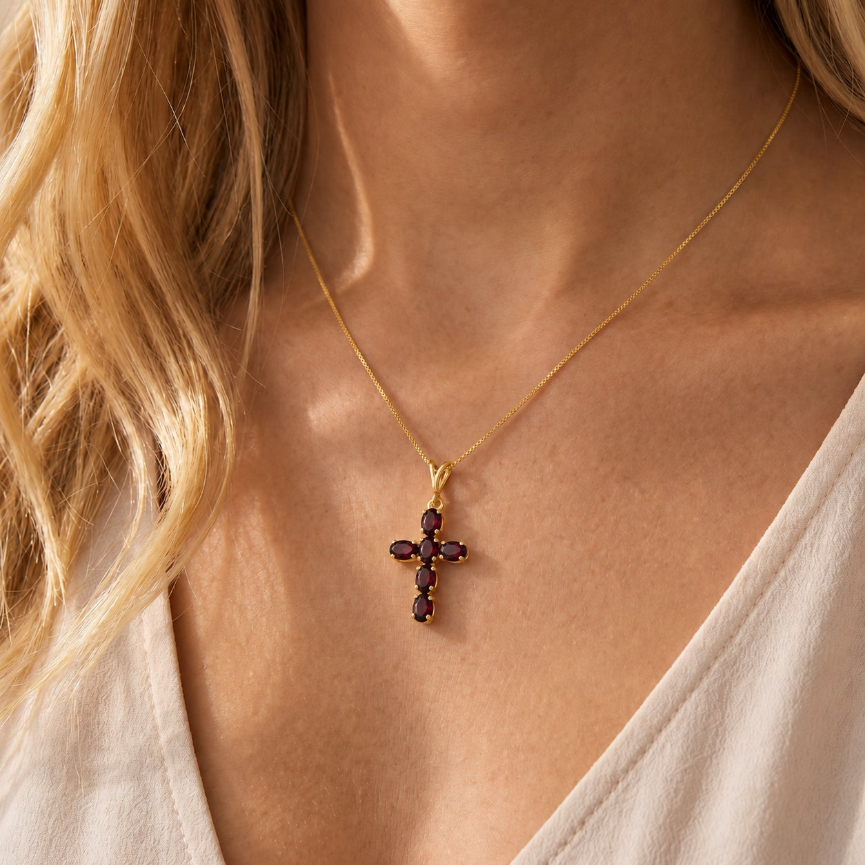 Yellow Gold Cross Necklace Garnet 10K — Eleonora