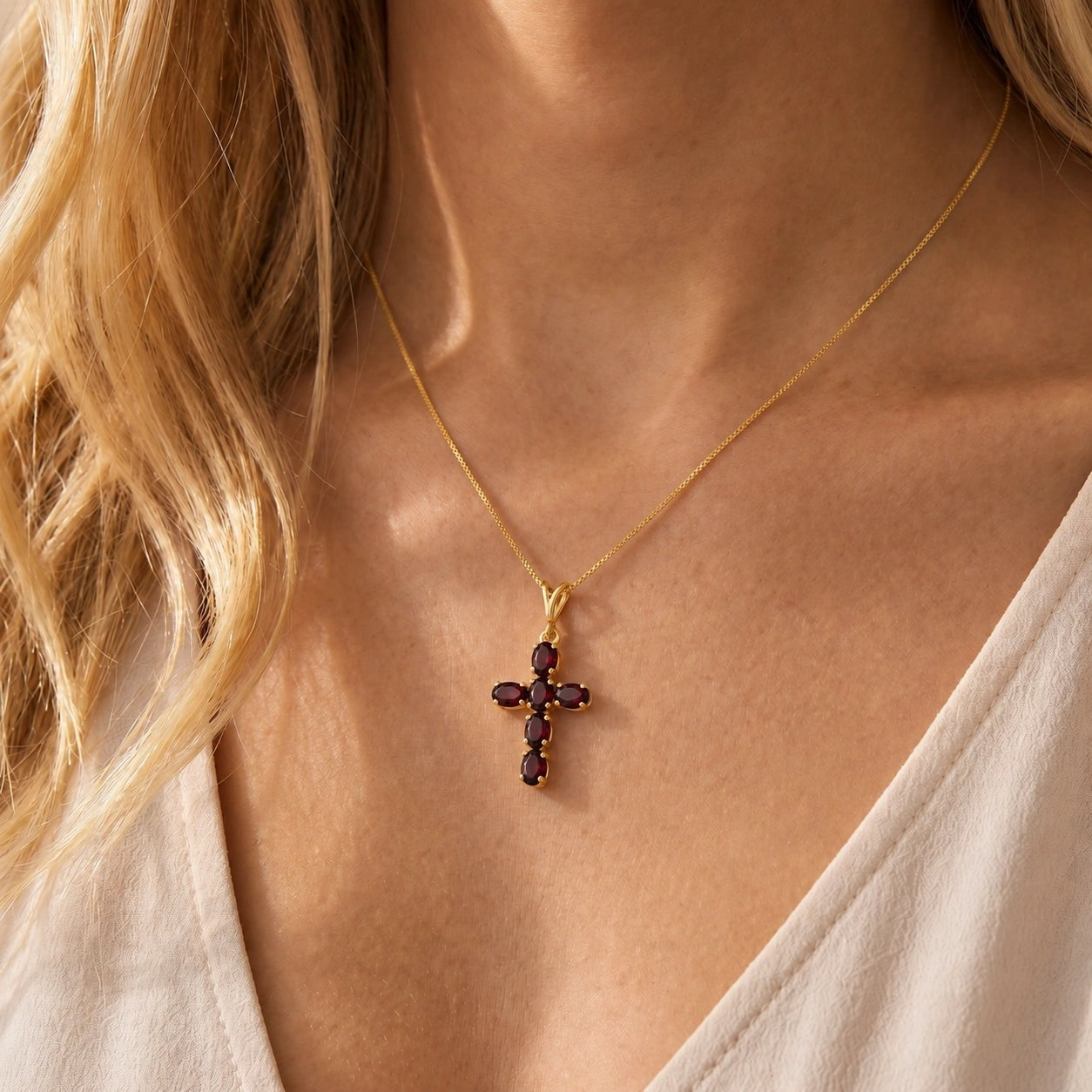 Yellow Gold Cross Necklace Garnet 10K — Eleonora