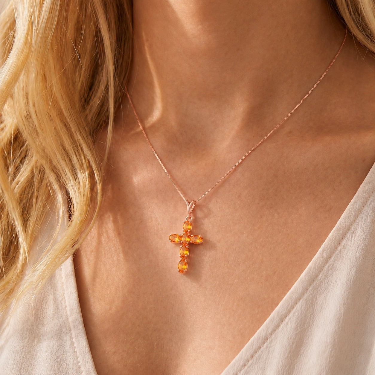 Rose Gold Cross Necklace Citrine 10K — Eleonora