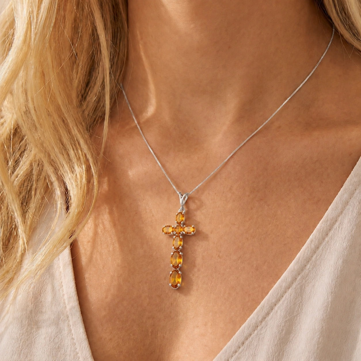 White Gold Cross Necklace Citrine 10K — Eleonora