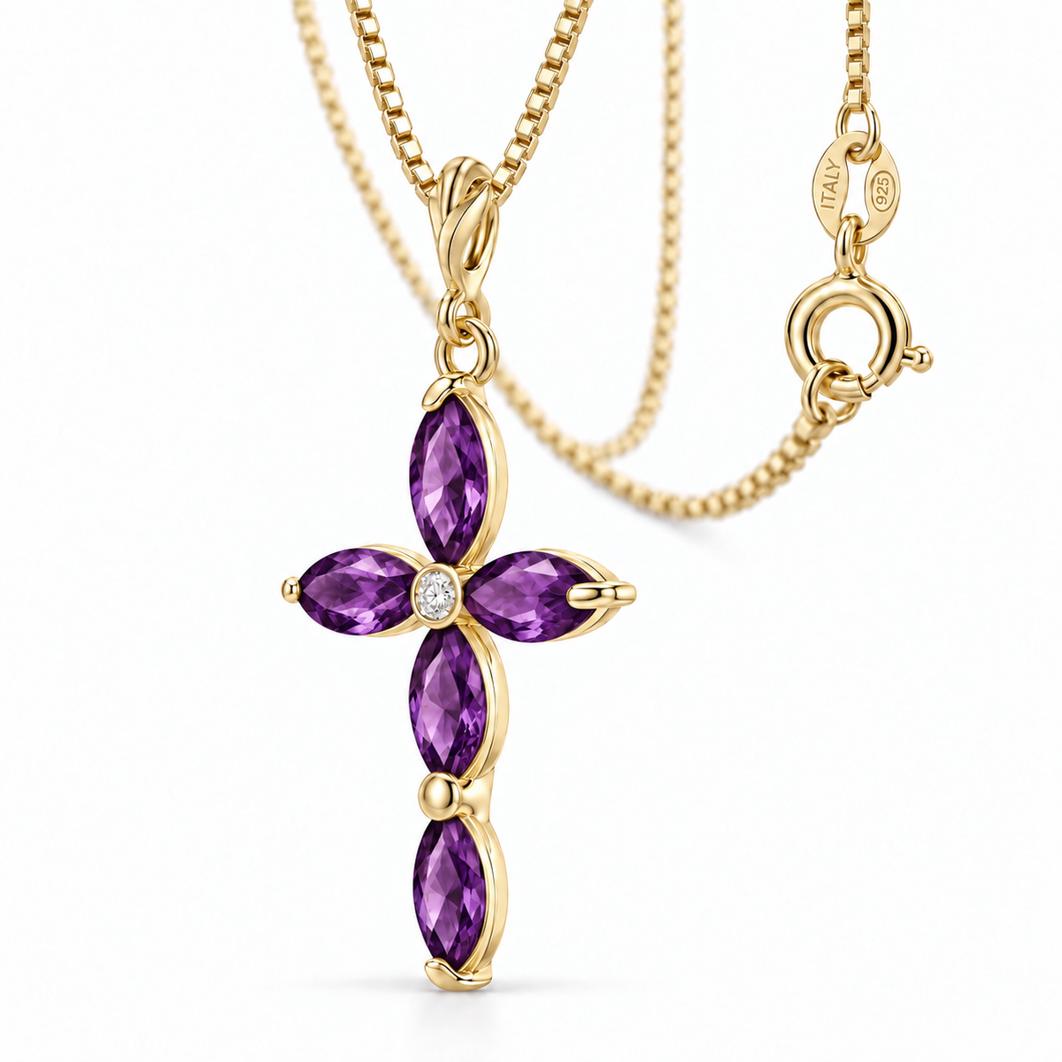 Yellow Gold Delia lab-grown Amethyst and diamond necklace, close-up with chain and clasp detail.