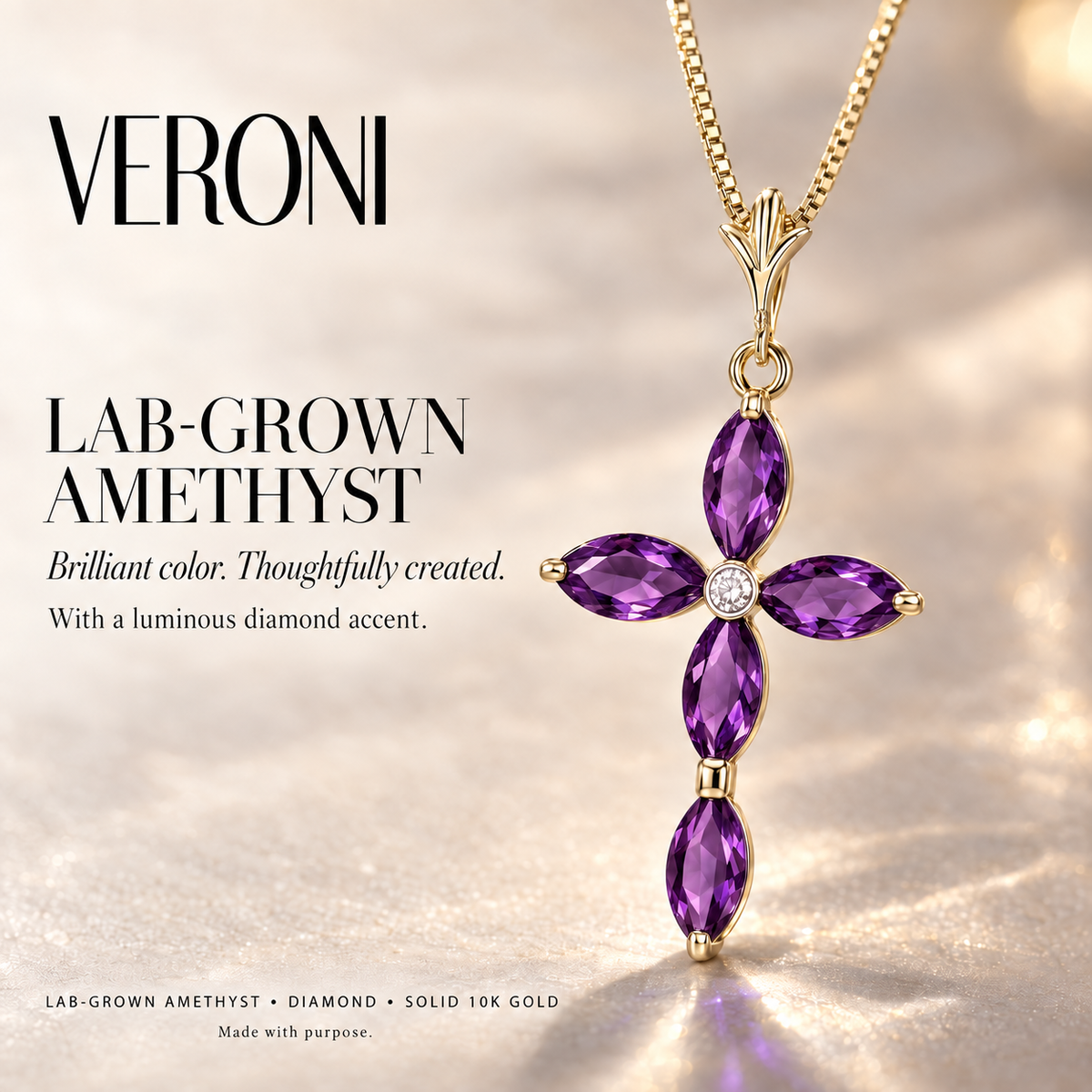 Yellow Gold Delia lab-grown Amethyst and diamond necklace, VERONI gemstone campaign.