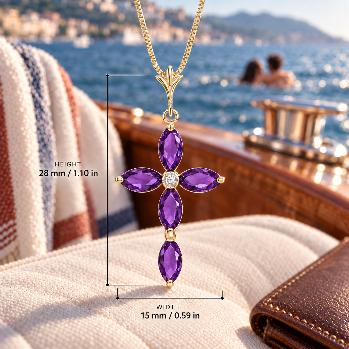 Yellow Gold Delia lab-grown Amethyst and diamond necklace, dimension reference showing 28 mm height and 15 mm width.