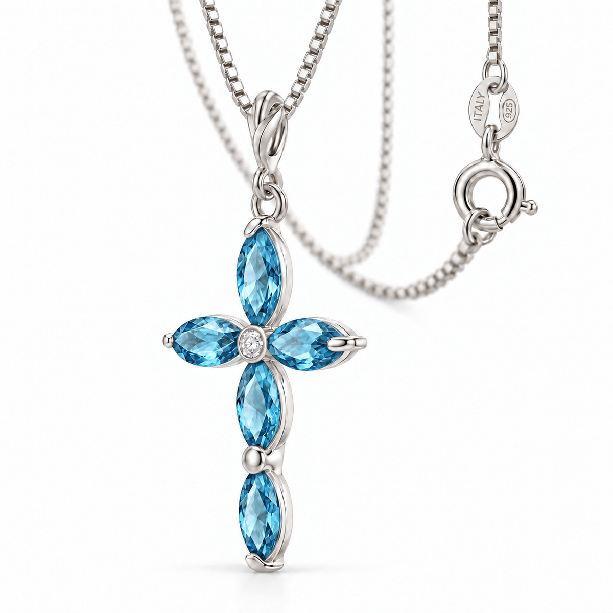 White Gold Delia lab-grown Blue Topaz and diamond necklace, close-up with chain and clasp detail.