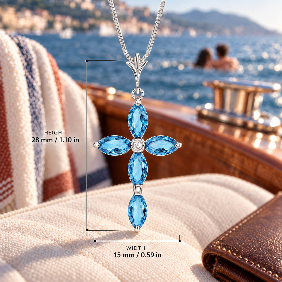 White Gold Delia lab-grown Blue Topaz and diamond necklace, dimension reference showing 28 mm height and 15 mm width.