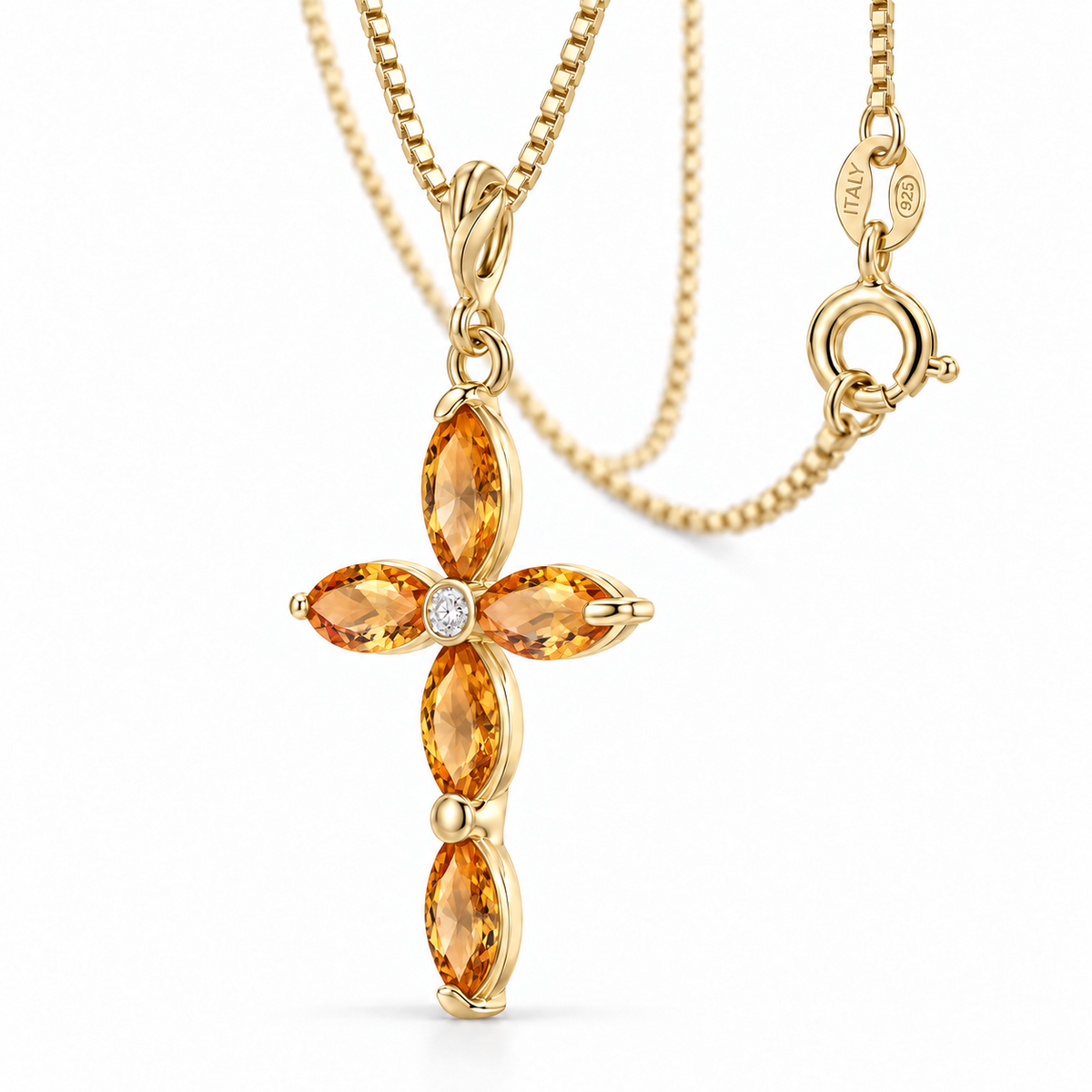 Yellow Gold Delia lab-grown Citrine and diamond necklace, close-up with chain and clasp detail.