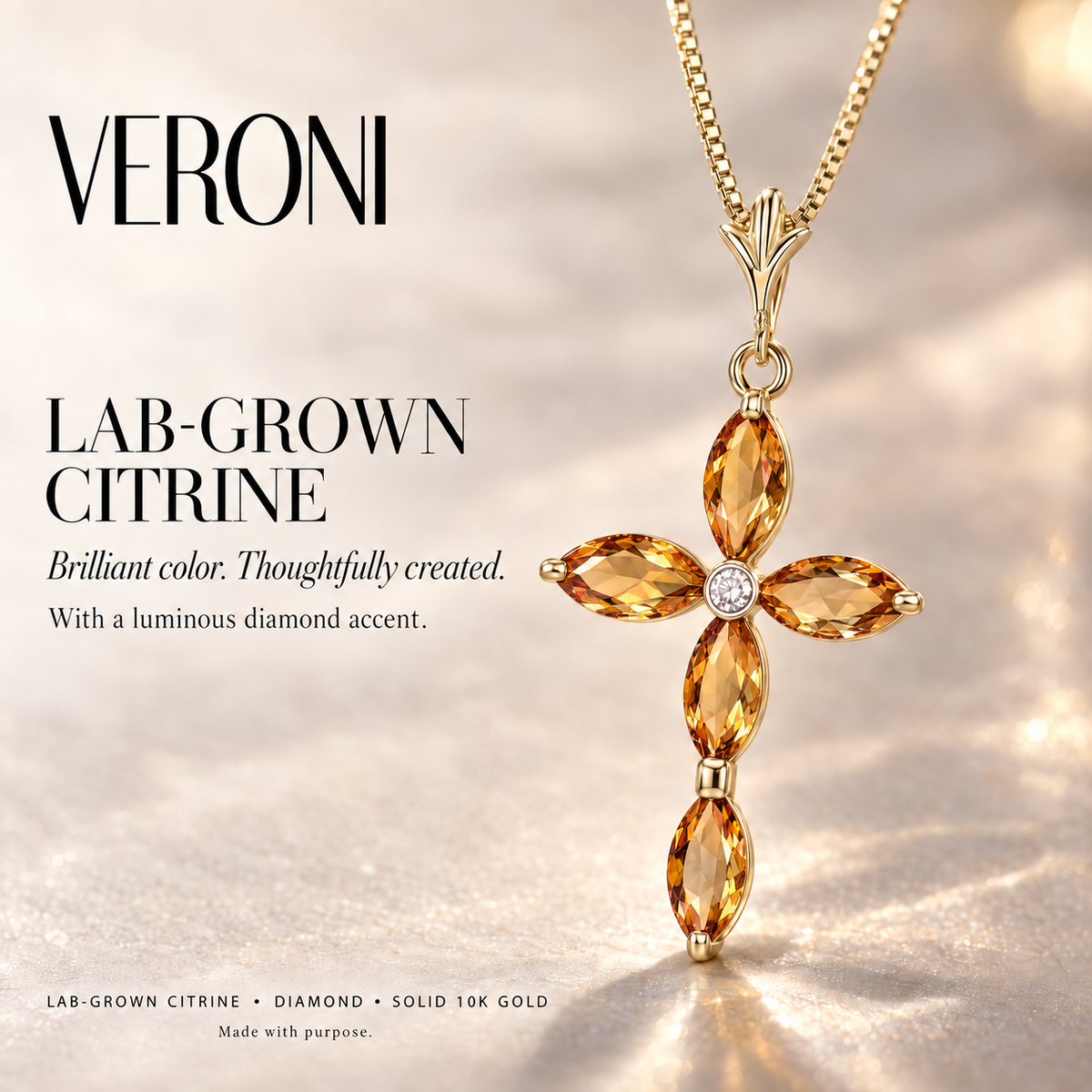 Yellow Gold Delia lab-grown Citrine and diamond necklace, VERONI gemstone campaign.