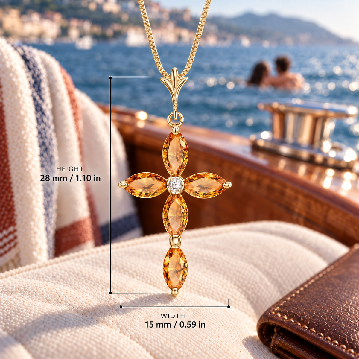 Yellow Gold Delia lab-grown Citrine and diamond necklace, dimension reference showing 28 mm height and 15 mm width.