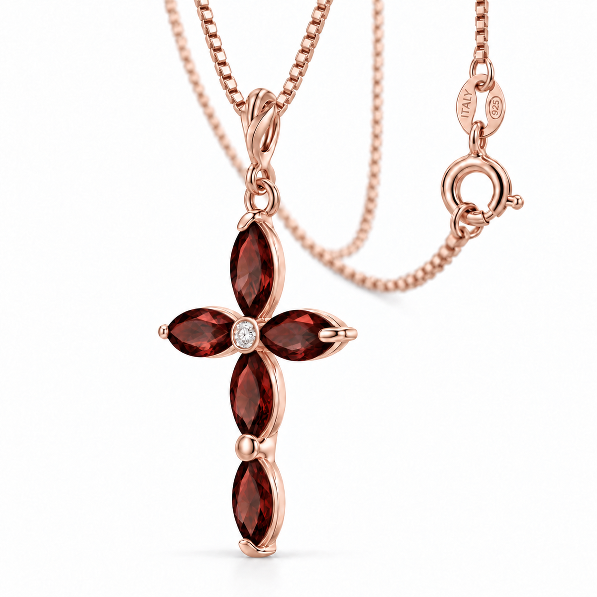 Rose Gold Delia lab-grown Garnet and diamond necklace, close-up with chain and clasp detail.