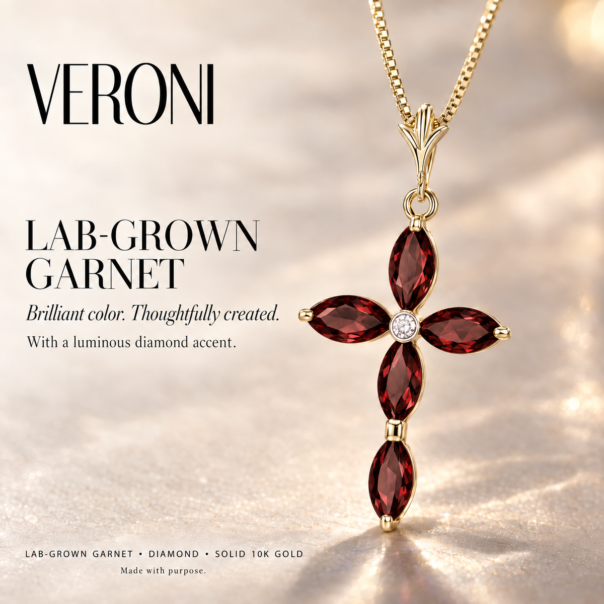 Yellow Gold Delia lab-grown Garnet and diamond necklace, VERONI gemstone campaign.
