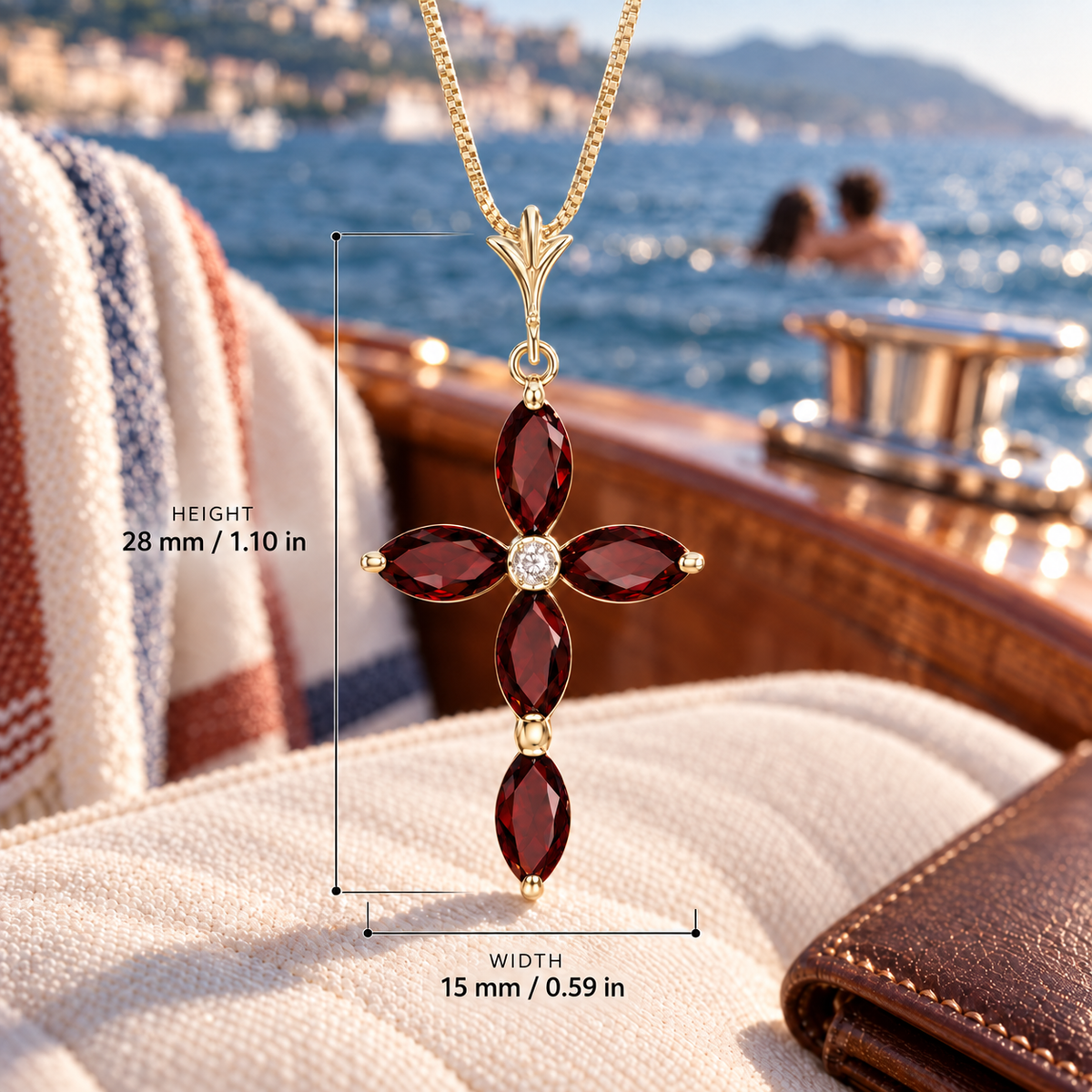 Yellow Gold Delia lab-grown Garnet and diamond necklace, dimension reference showing 28 mm height and 15 mm width.