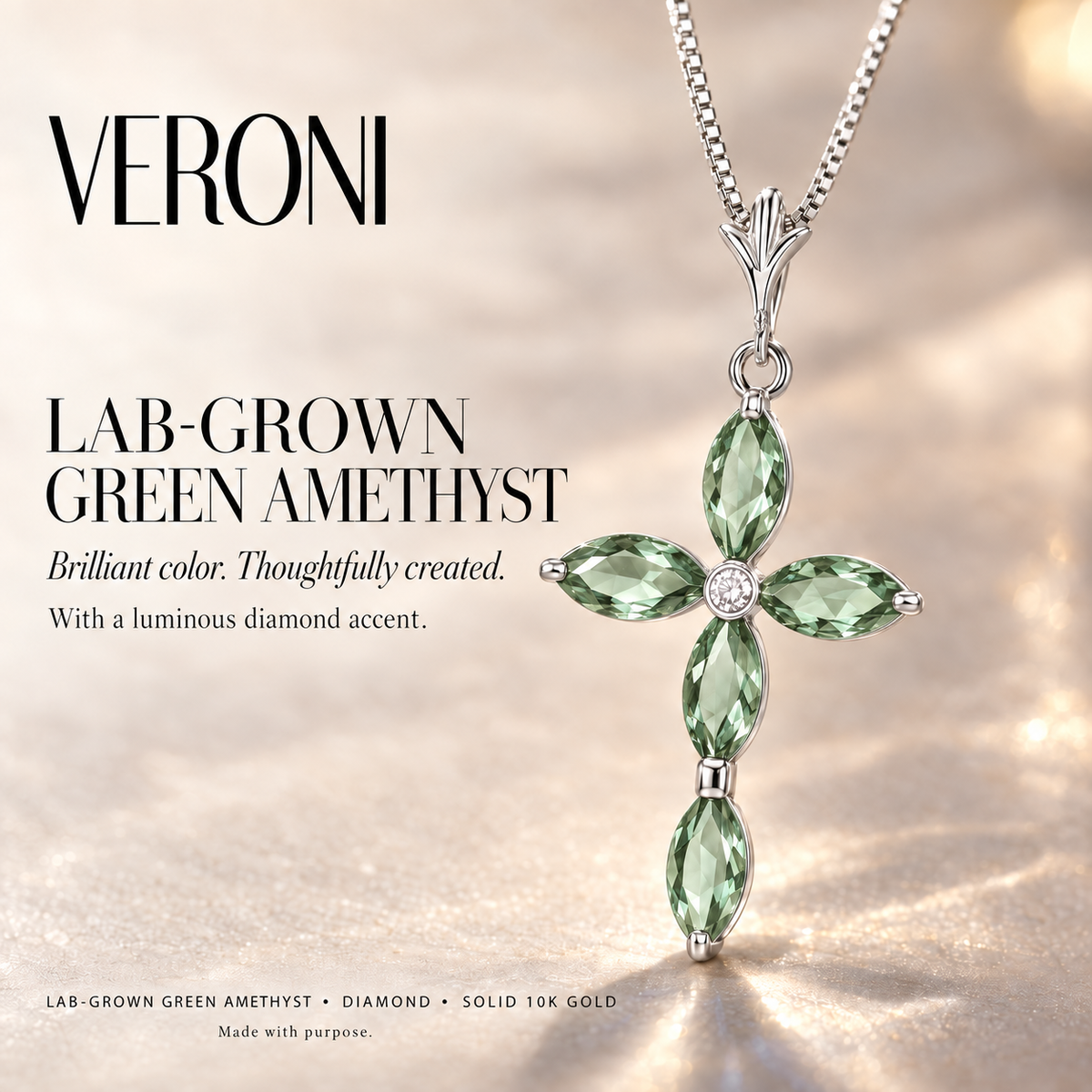 White Gold Delia lab-grown Green Amethyst and diamond necklace, VERONI gemstone campaign.