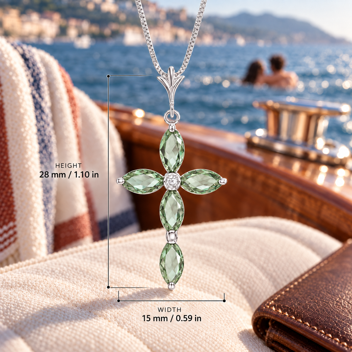 White Gold Delia lab-grown Green Amethyst and diamond necklace, dimension reference showing 28 mm height and 15 mm width.