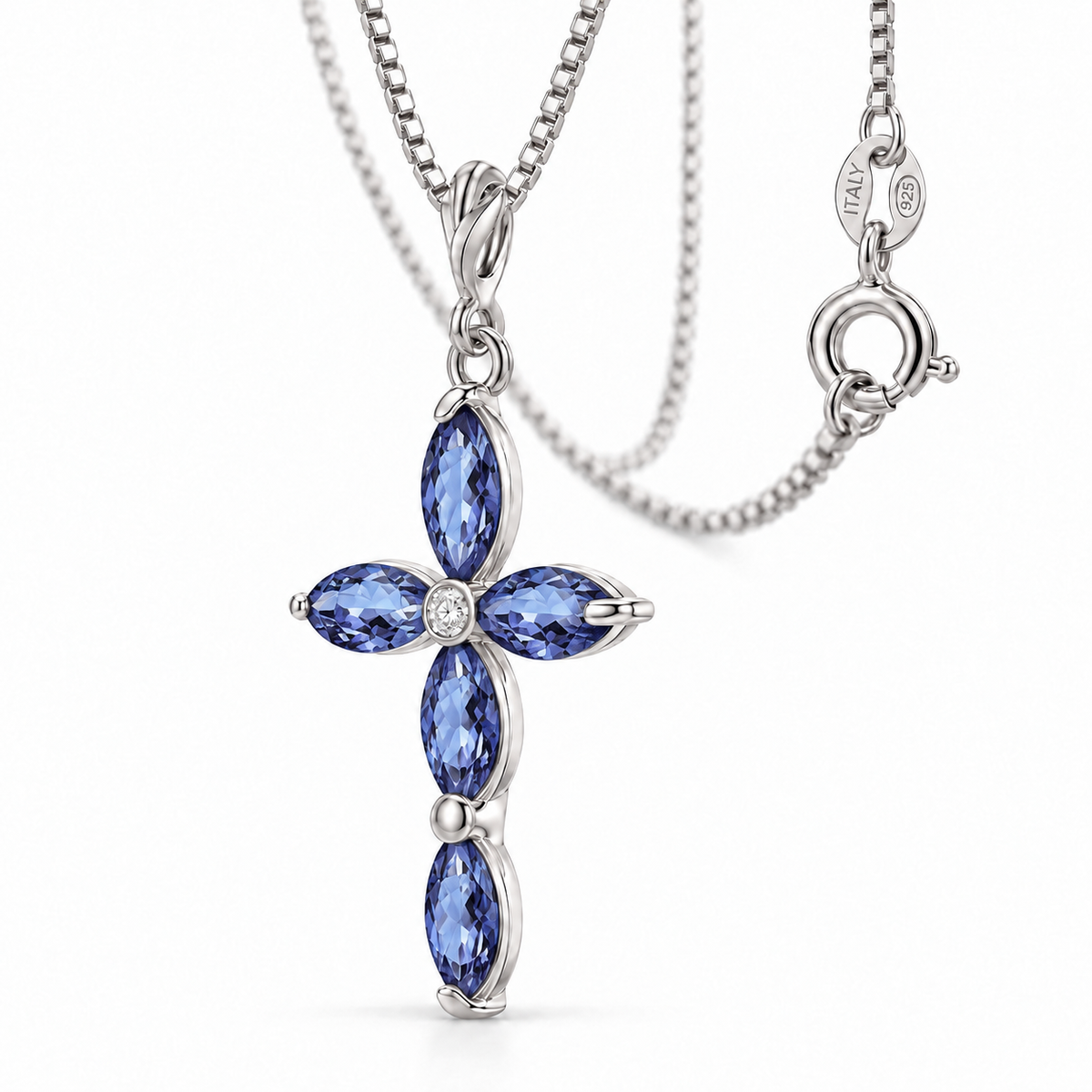 White Gold Delia lab-grown Tanzanite and diamond necklace, close-up with chain and clasp detail.