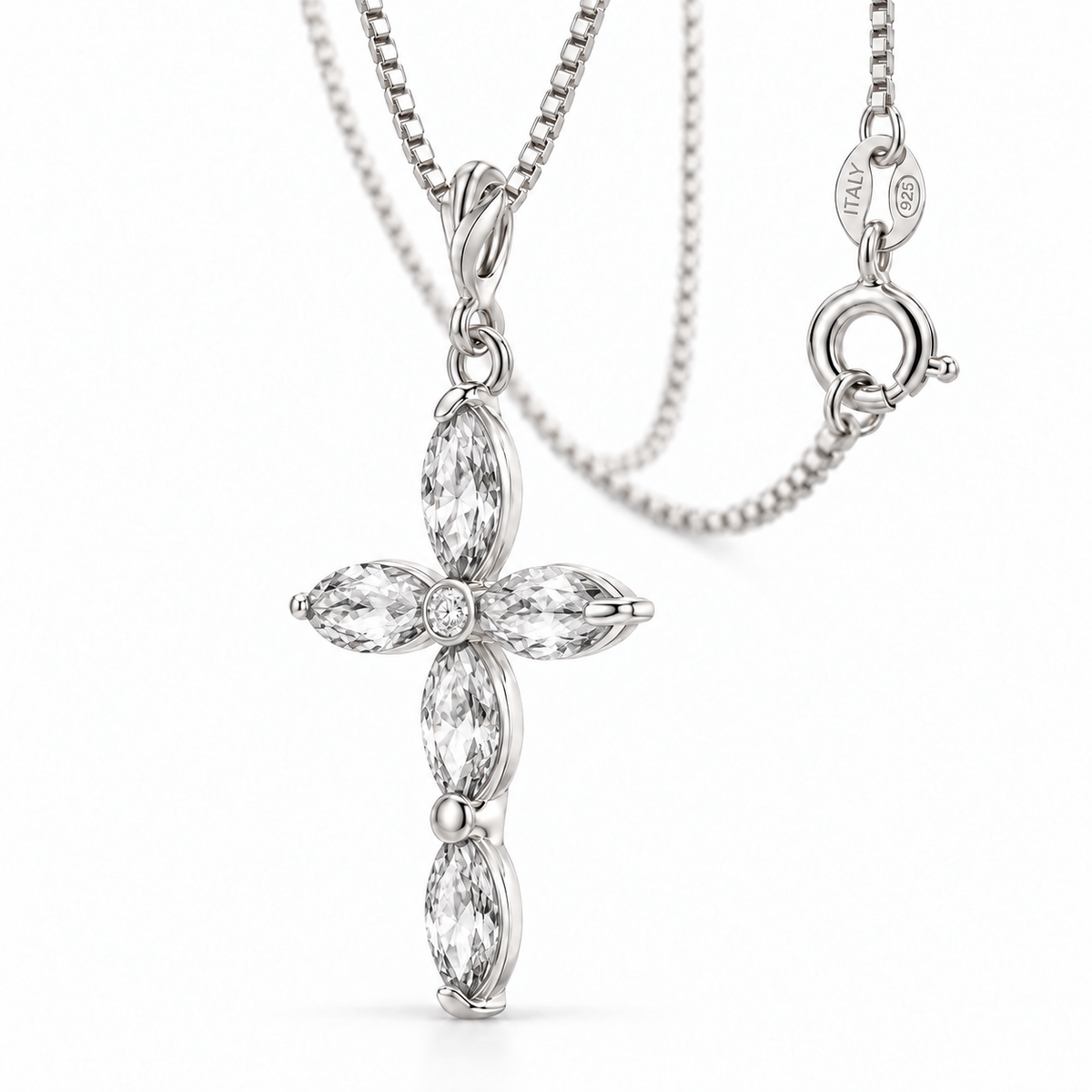 White Gold Delia lab-grown White Topaz and diamond necklace, close-up with chain and clasp detail.